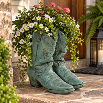Double Cowboy Boot Planter – Concrete Western Flower Pot & Farmhouse Garden Decor